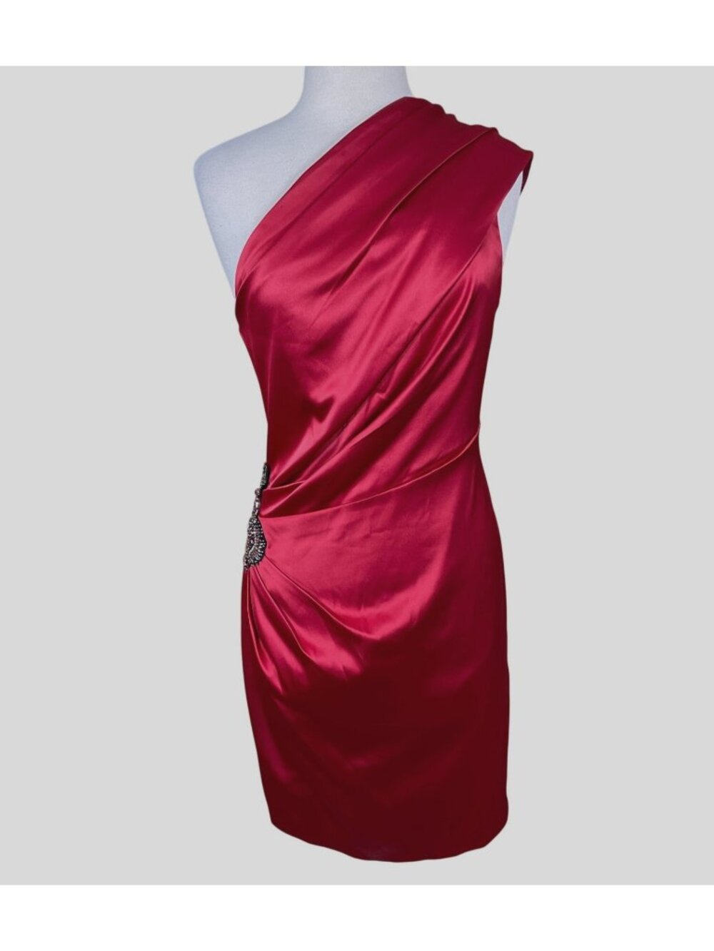 Eliza 7 Red Satin One-Shoulder Short Dress Ruched Side Beaded Waist Applique 12